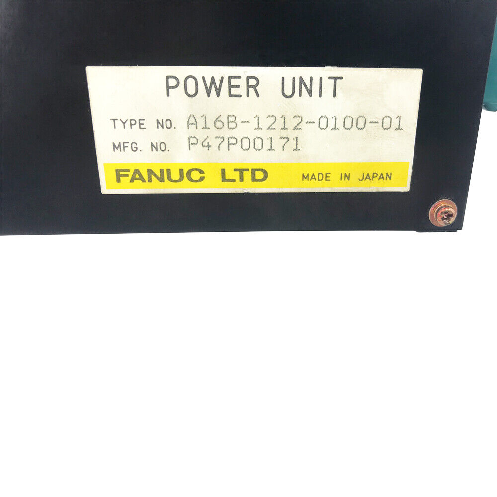 FANUC POWER UNIT A16B-1212-0100-01. Black industrial component with label, Made in Japan.