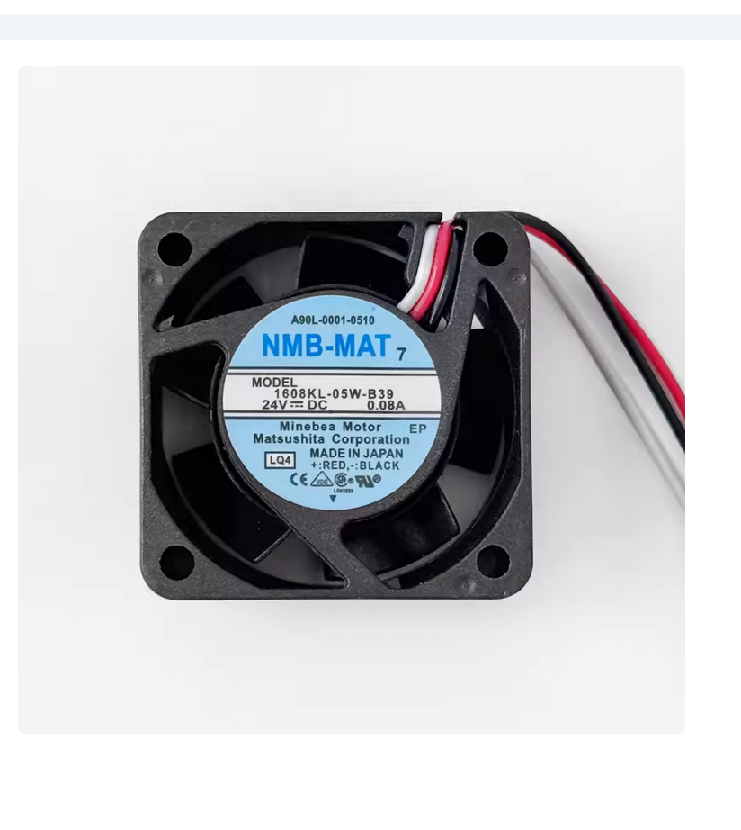FANUC A90L-0001-0510 24V cooling fan with black blades, red, black, and white wires for PLC.