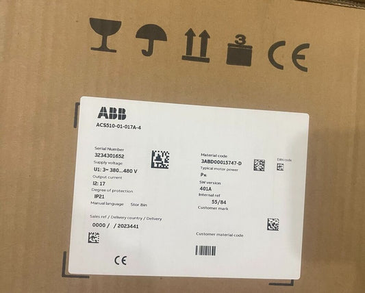 ABB ACS510-01-017A-4 frequency converter product information label, serial number, and specifications.