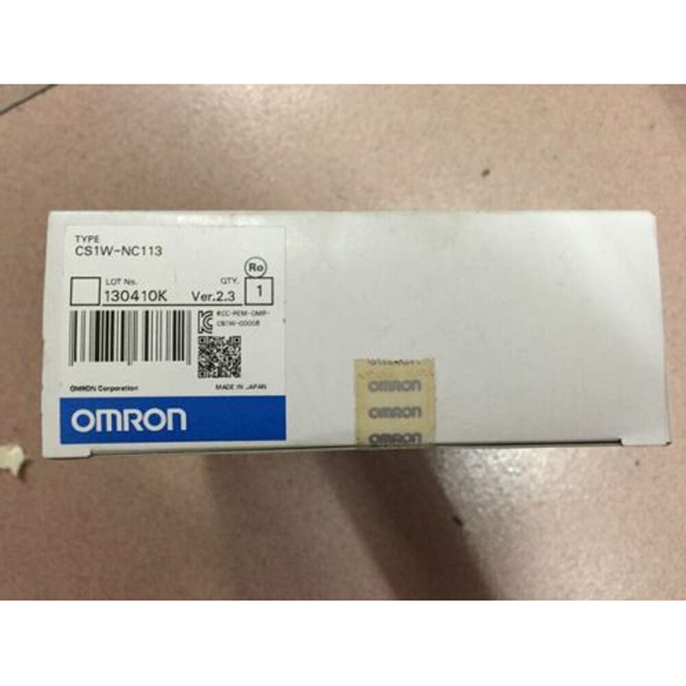 Omron CS1W-NC113 PLC Module box. White box with product details and Omron logo.