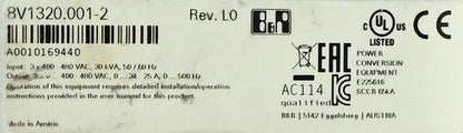 B&R 8V1320.001-2 Acopos 1320 servo motor label, specifications and certifications.