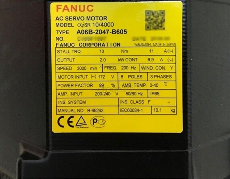 FANUC A06B-2047-B605 AC Servo Motor specifications label, industrial automation part, new in box