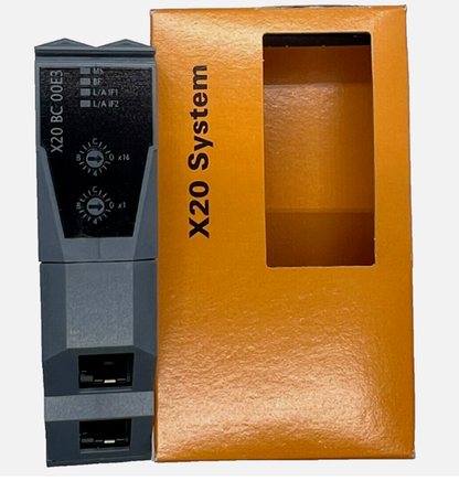 B&R X20BC00E3 PLC Controller Module, gray industrial automation component with orange packaging, X20 System