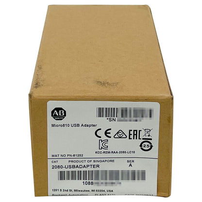 Allen-Bradley 2080-USBADAPTER Micro810 USB Adapter box. Product of Singapore, with certifications.