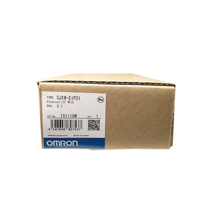 Omron CJ1W-EIP21 Ethernet PLC Module in box, product label showing specifications, Ver. 2.1.