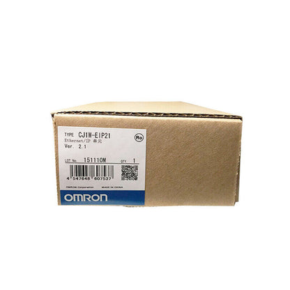 Omron CJ1W-EIP21 Ethernet PLC Module in box, product label showing specifications, Ver. 2.1.