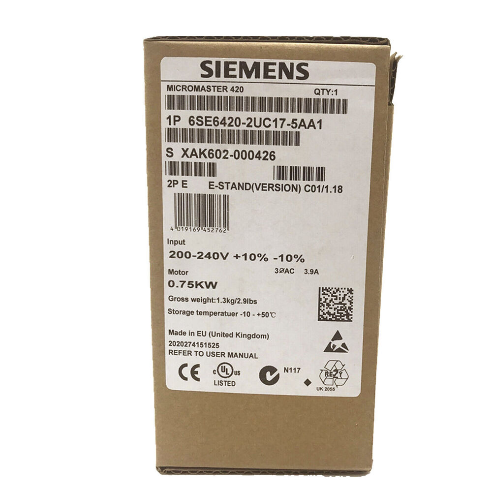 Siemens MICROMASTER 420 frequency inverter box, model 6SE6420-2UC17-5AA1, 0.75kW, industrial automation motor control.