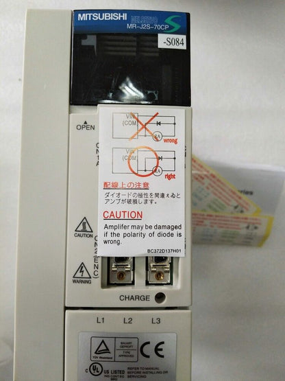 Mitsubishi MR-J2S-70CP-S084 Servo Drive with wiring diagram and warning labels, industrial automation component