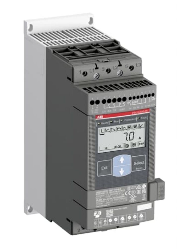 ABB PSE45-600-70 Soft Starter, PLC panel, displaying 7.0 A, industrial automation component for sale