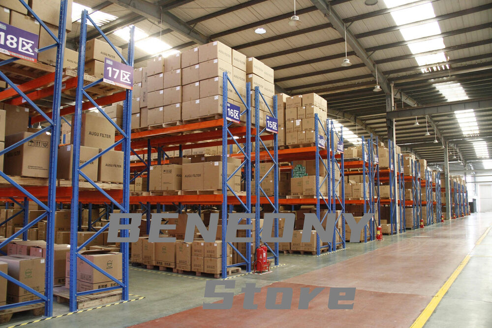 Warehouse storage of industrial automation parts, including FANUC PLC modules, showing BENEONY Store in the foreground.