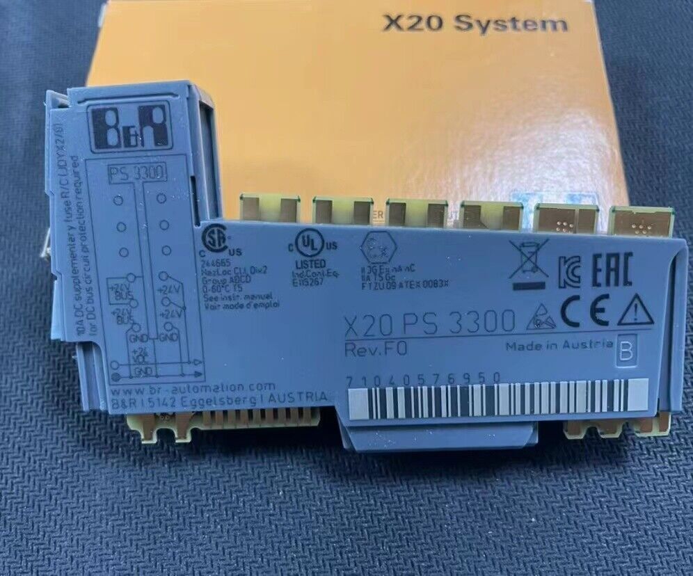 B&R X20 PS 3300 power supply module, top-down view, featuring the component's labels and connectors, 'Made in Austria'.