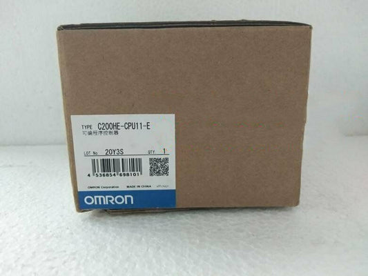 Omron C200HE-CPU11-E PLC in its original packaging, includes part number, barcode, and "MADE IN CHINA" text.