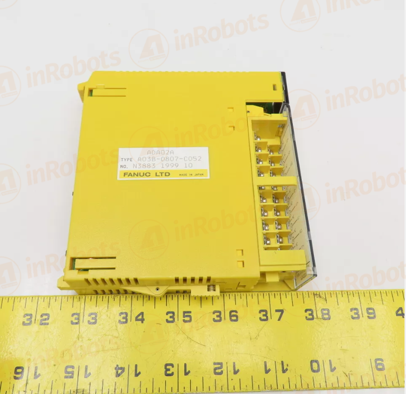 FANUC A03B-0807-C052 ADA02A Analog Output Module, yellow PLC device with label.
