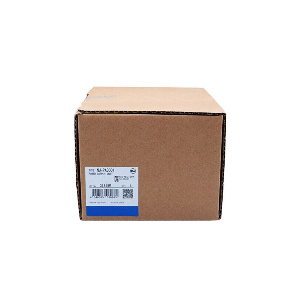 Omron NJ-PA3001 power supply unit in box. Label shows product details, including TYPE NJ-PA3001 and LOT 31818M.