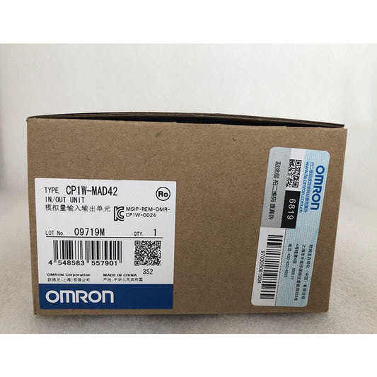 Omron CP1W-MAD42 PLC Module box, new, with labels, Made in China, featuring barcode and product details.