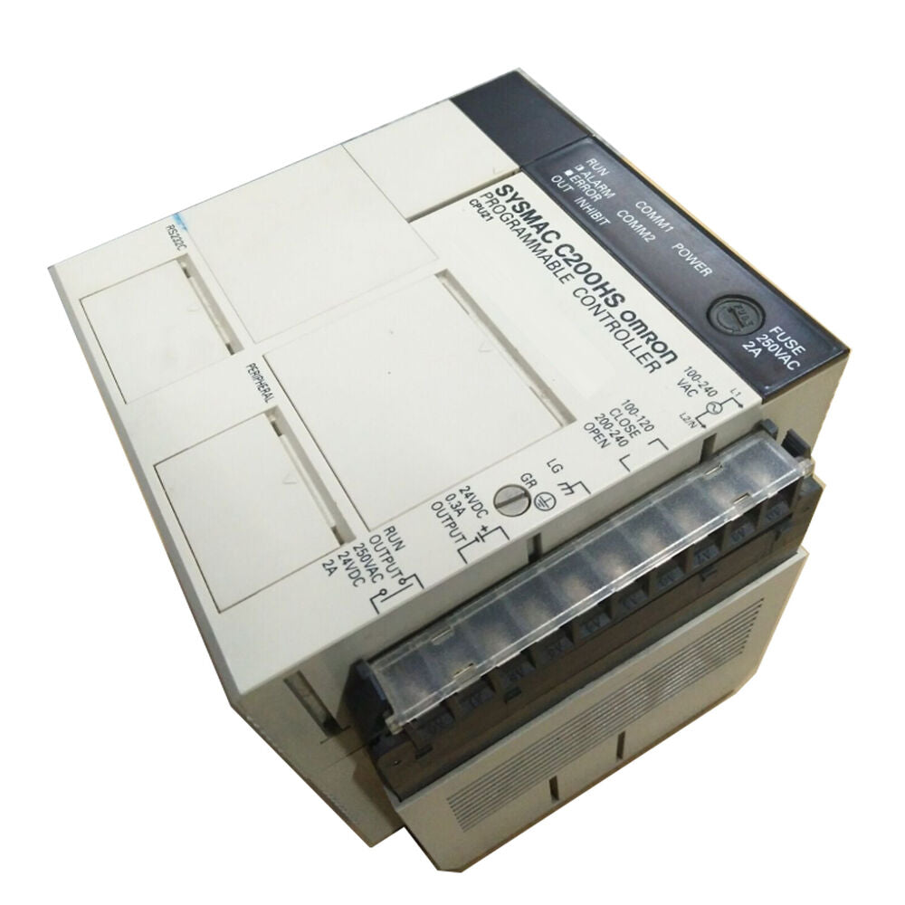 Omron C200HS PLC CPU21 module. SYSMAC programmable controller for industrial automation, features RUN & OUTPUT indicators.