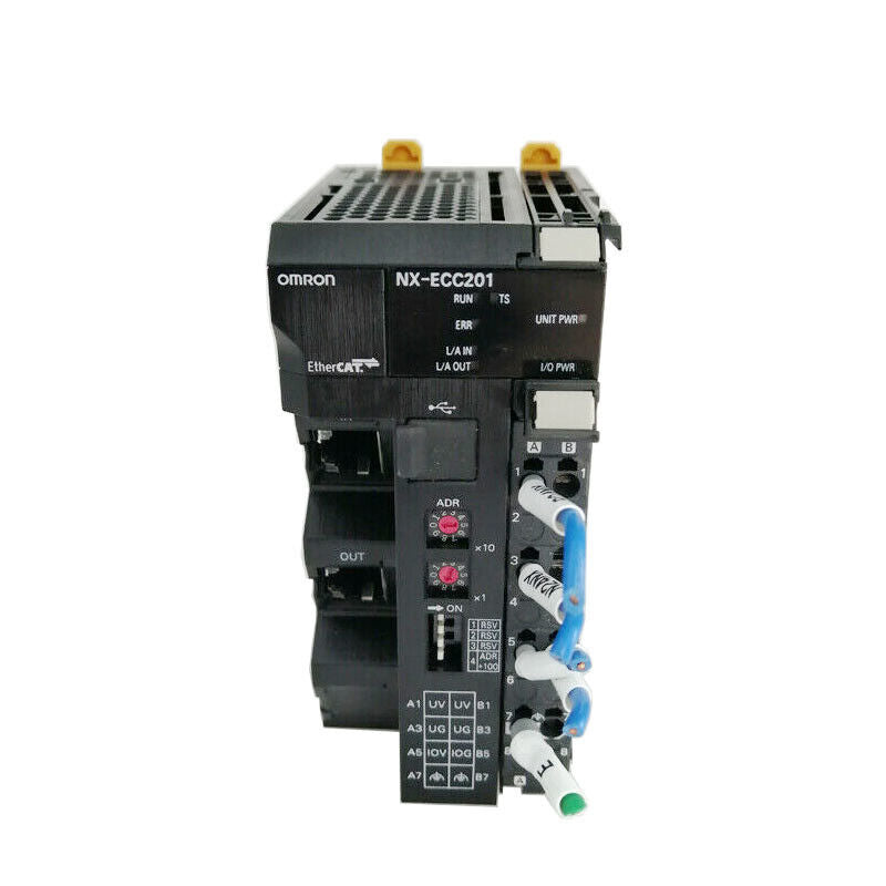 Omron NX-ECC201 EtherCAT Coupler Unit, industrial automation component with EtherCAT, RUN, ERR indicators, and wiring.