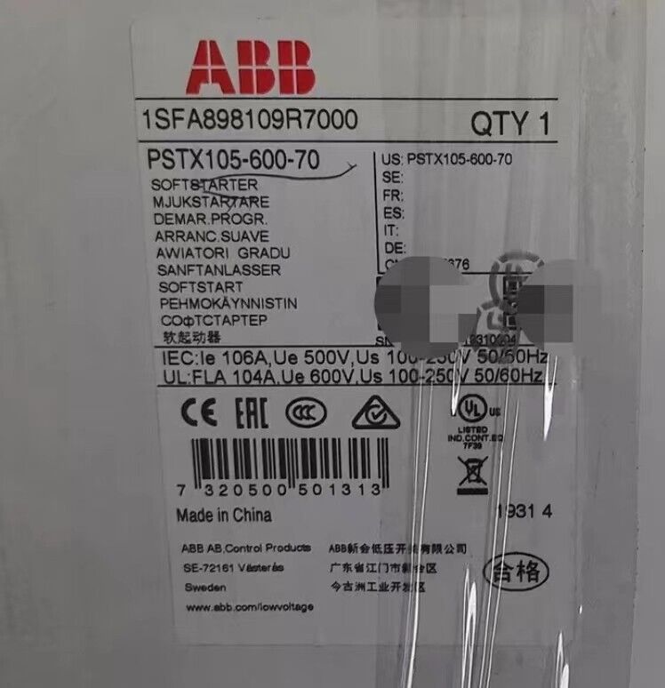 ABB PSTX105-600-70 soft starter label, industrial automation part.