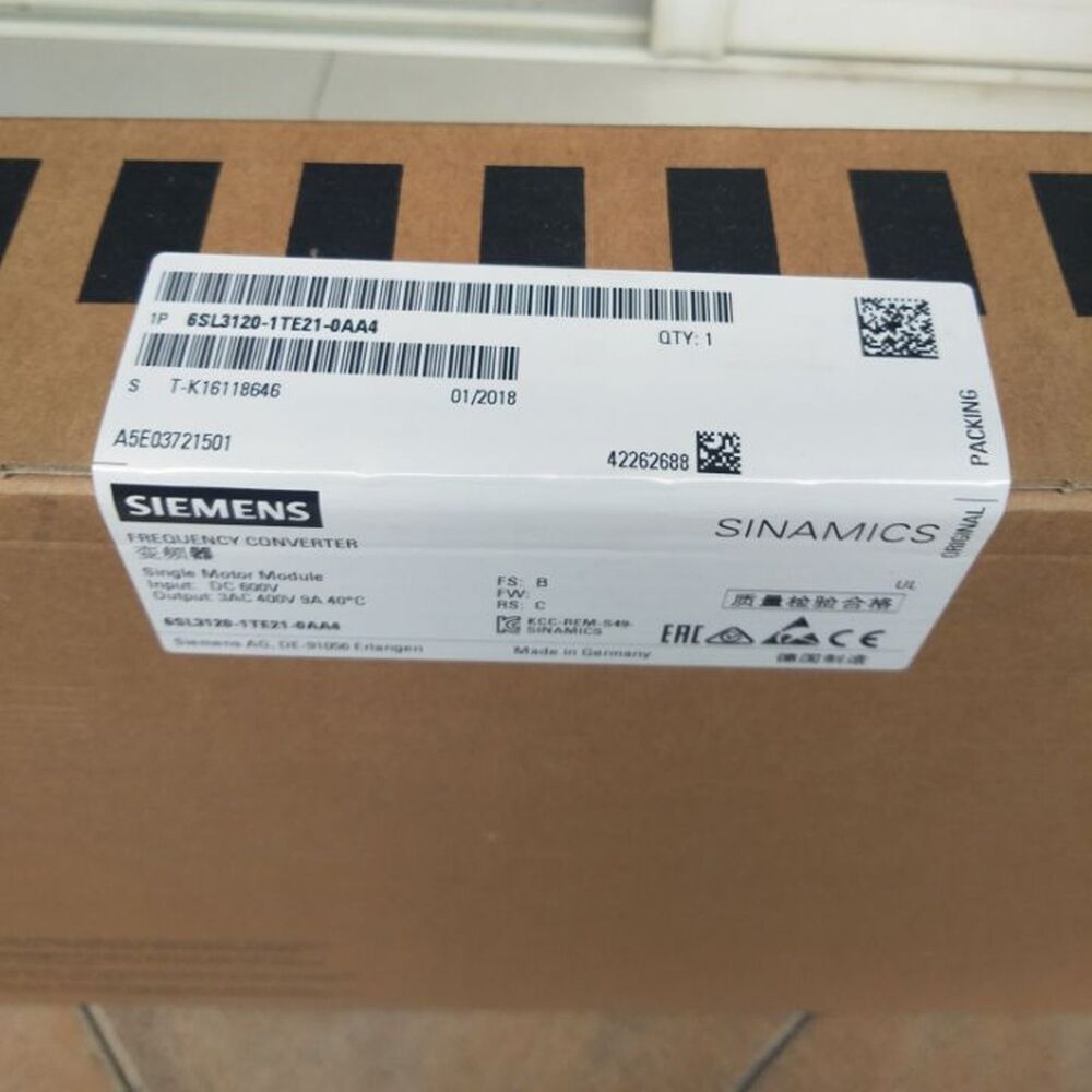 Siemens SINAMICS S120 6SL3120-1TE21-0AA4 module packaging, product info, part number, serial number, and labels