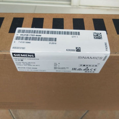 Siemens SINAMICS S120 6SL3120-1TE21-0AA4 module packaging, product info, part number, serial number, and labels