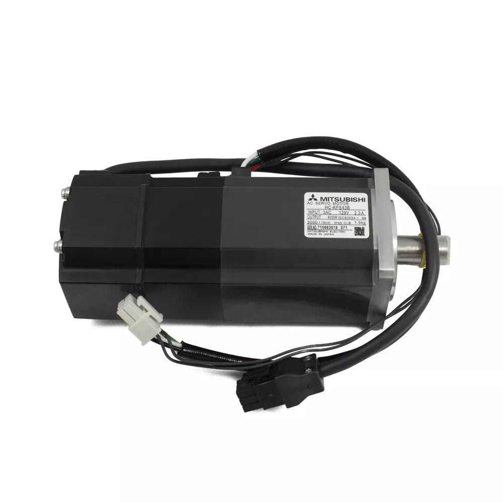 Mitsubishi HC-KFS43B AC Servo Motor, black and silver, side view, product shot