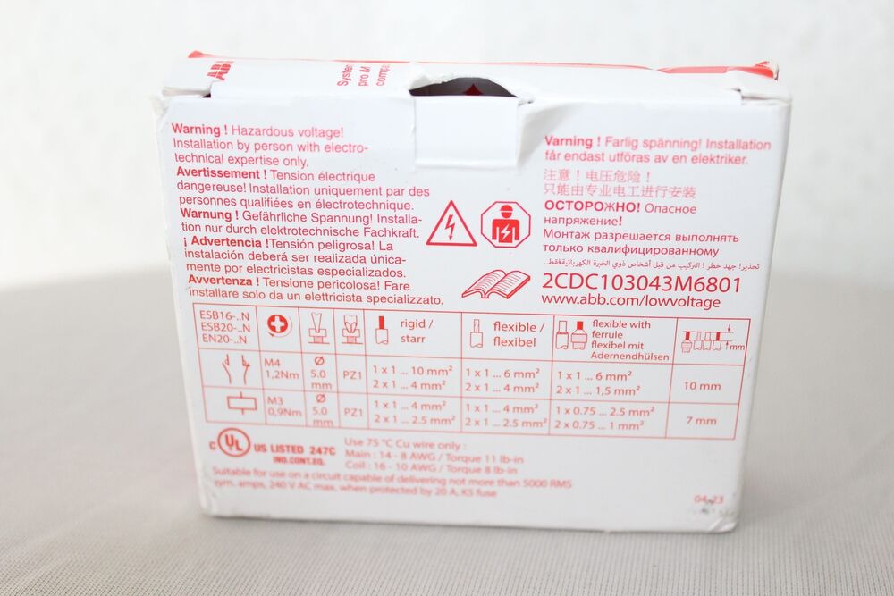 ABB ESB20-20N-06 Installation Protector label, white, safety info and specifications, industrial automation part