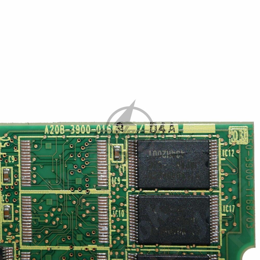 FANUC A20B-3900-0163 board close-up, green PCB with electronic components, for industrial automation systems.
