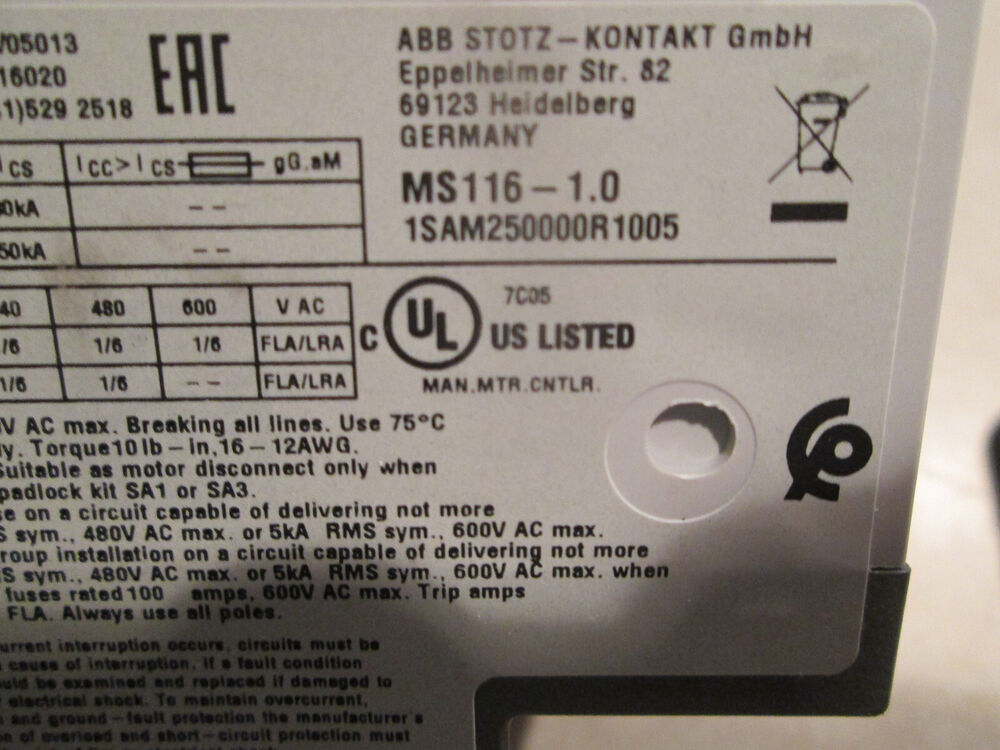 ABB MS116-1.0 Motor Starter label with specs, UL Listed. Industrial automation part for sale.