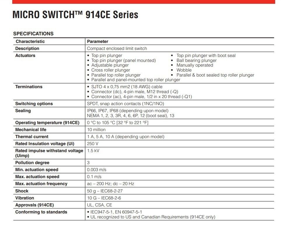 One Honeywell 914CE2-9 Microswitch SPDT Roller Plunger 9-ft Cable Scotland NEW