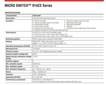 One Honeywell 914CE2-9 Microswitch SPDT Roller Plunger 9-ft Cable Scotland NEW