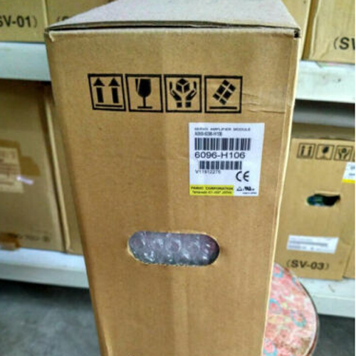 FANUC A06B-6096-H106 Servo Drive box, product packaging for industrial automation parts. Expedited shipping available.