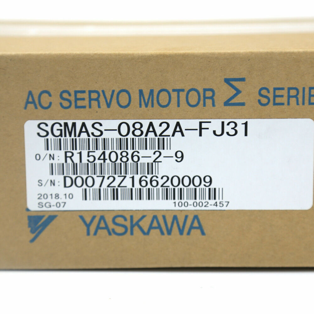 YASKAWA SGMAS-08A2A-FJ31 AC Servo Motor in box, product label visible, brown packaging.