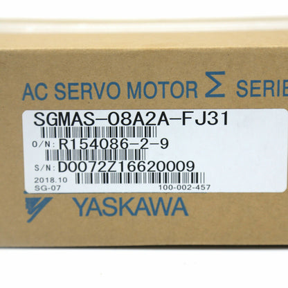 YASKAWA SGMAS-08A2A-FJ31 AC Servo Motor in box, product label visible, brown packaging.