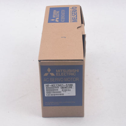 Mitsubishi HF-KE73W1-S100 AC Servo Motor in box. Industrial automation equipment. Made in Japan.