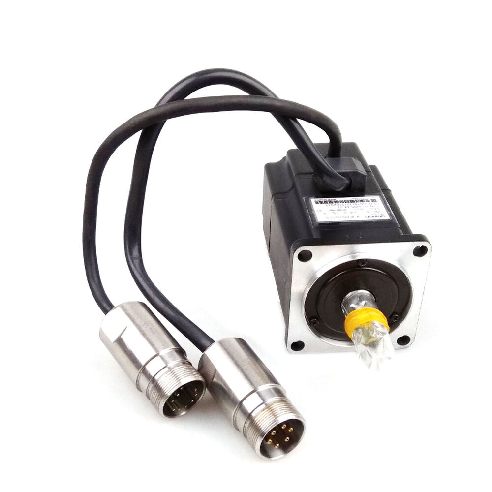 Omron R7M-A20030-S1-D servo motor with cables, industrial automation part. Black motor and silver connectors.