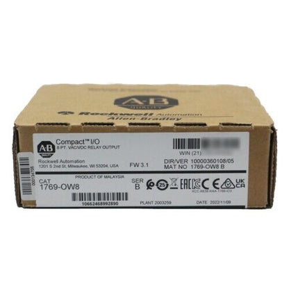 Allen-Bradley 1769-OW8 Compact I/O Relay Output Module in box, factory sealed. Part of industrial automation.