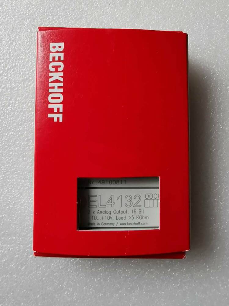 BECKHOFF EL4132 PLC Module, Red enclosure with product details, New in Box, for industrial automation applications