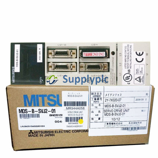 Mitsubishi MDS-B-SVJ2-01 Servo Drive Unit in box, featuring product details and specifications, industrial automation parts