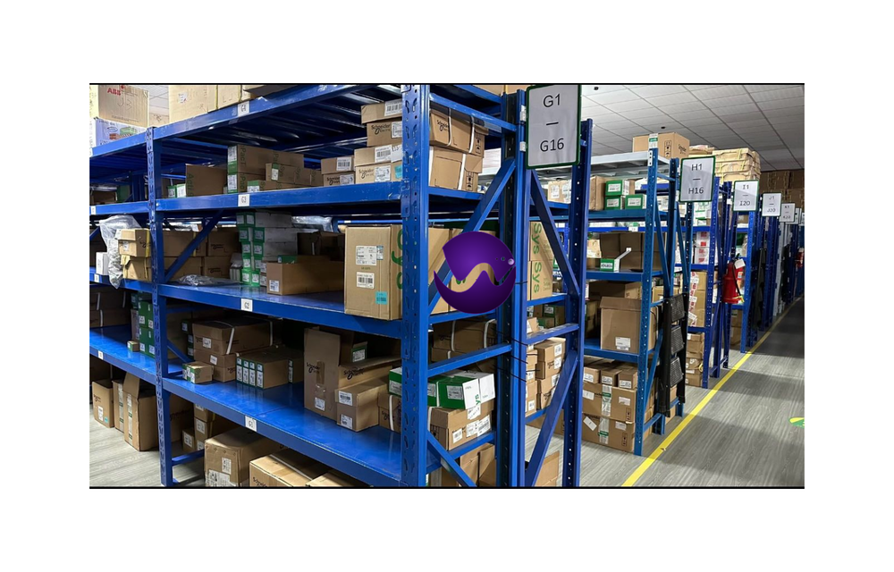 Industrial automation parts warehouse with Mitsubishi servo motors and Schneider Electric products ready for shipping.