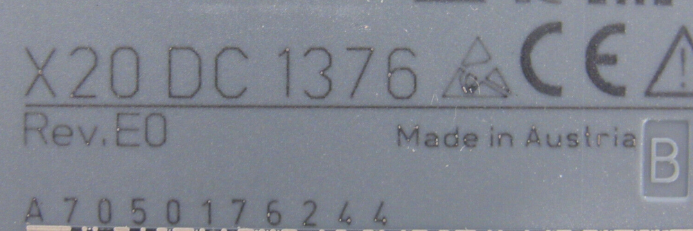B&R X20DC1376 Controller Module, industrial automation part, Made in Austria, with CE Mark.