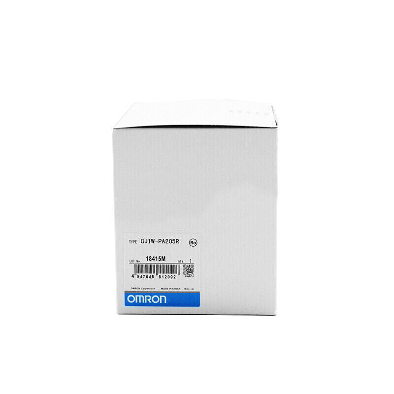 OMRON CJ1W-PA205R PLC MODULE box. White box with product details printed.