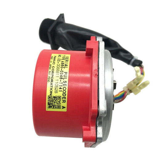 FANUC A860-0346-T141 Encoder, industrial automation part, with red housing and attached wires, PLC component