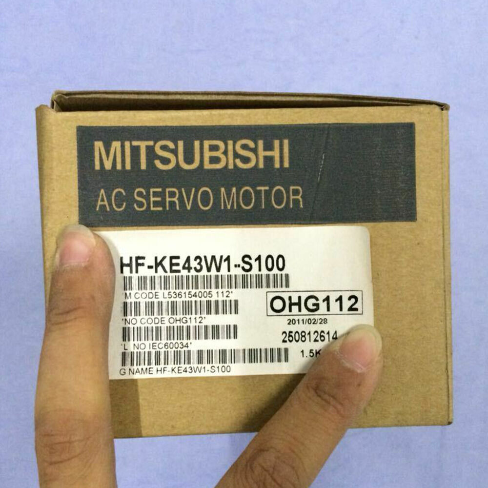 Mitsubishi HF-KE43W1-S100 AC Servo Motor packaging label, featuring product details for fast shipping.