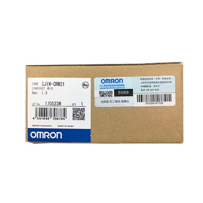 OMRON CJ1W-CRM21 PLC Module new in box, with product information and QR code.