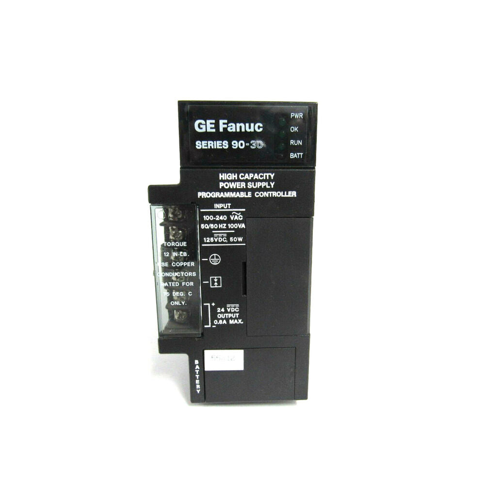 GE Fanuc Series 90-30 power supply module, 100-240VAC input, 24VDC output, programmable controller.