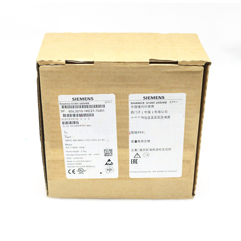 Siemens SINAMICS G120C drive module in cardboard box, 6SL3210-1KE21-7UB1, industrial automation part.