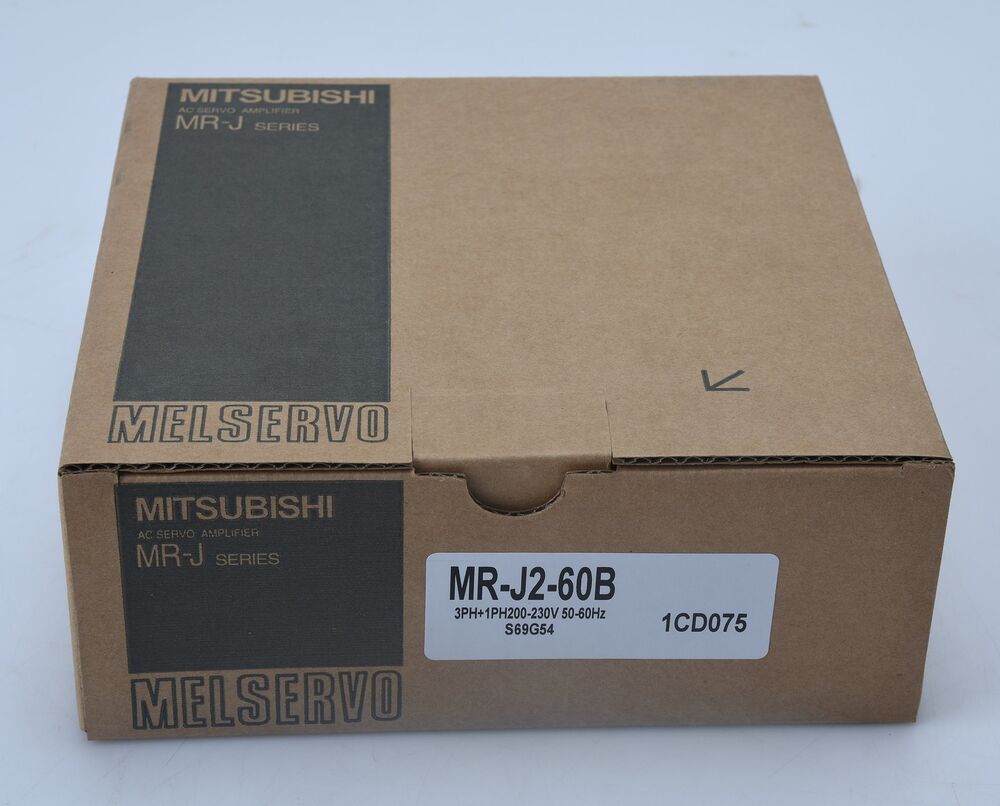 Mitsubishi MR-J2-60B servo drive in box. Industrial automation part, featuring product details and MELSERVO label.