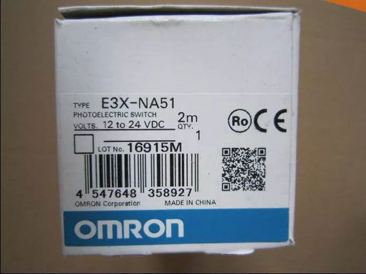 Omron E3X-NA51 Photoelectric Switch packaging, white box with product information, 12 to 24VDC, new.