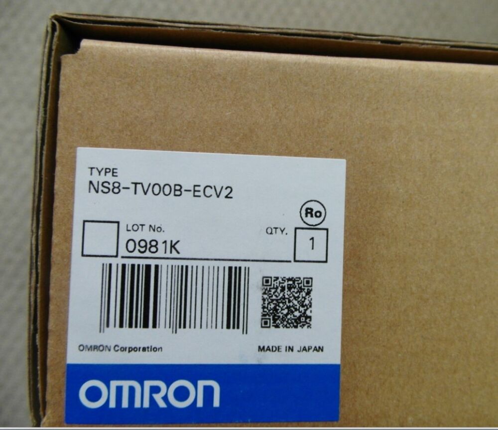 OMRON NS8-TV00B-ECV2 HMI touch screen box detail, showing product information and Made in Japan label.