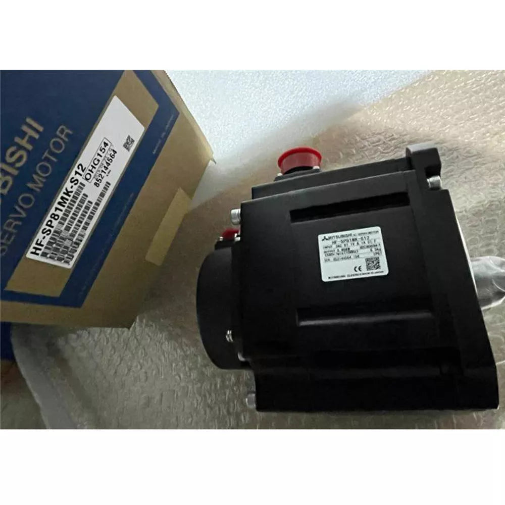 Mitsubishi HF-SP81MK-S12 servo motor, black with red cap, packaged. Product label visible.